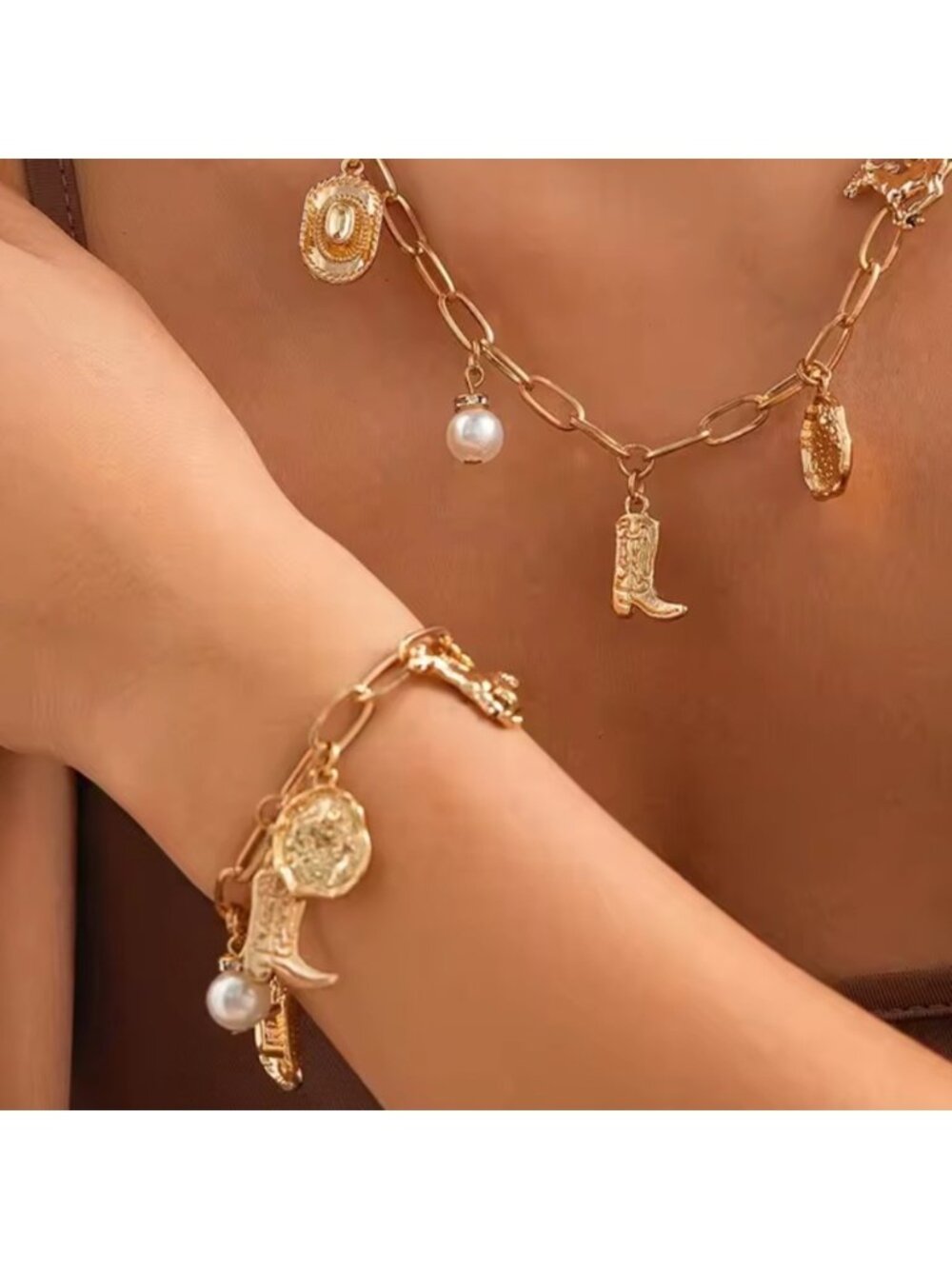 Gold Chain Western Charm Bracelet – Cowboy Boot, Hat & Pearl Charms - Picture 2 of 6